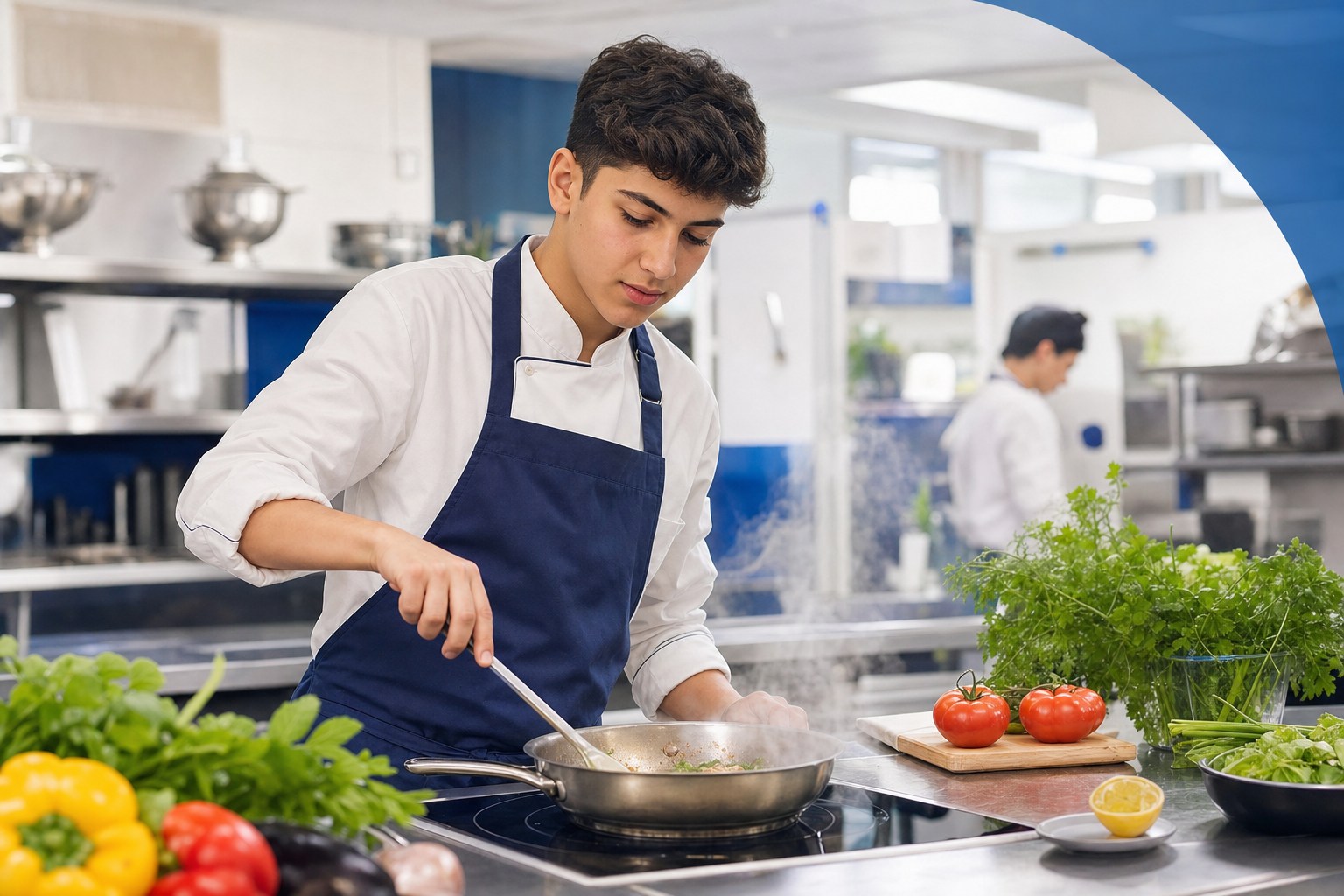 Teen culinary student cooks with fresh ingredients in a training kitchen