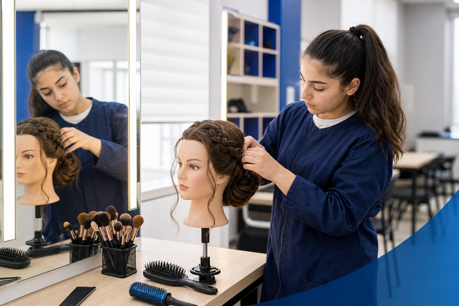Teen beauty student styles a mannequin head at a salon training station