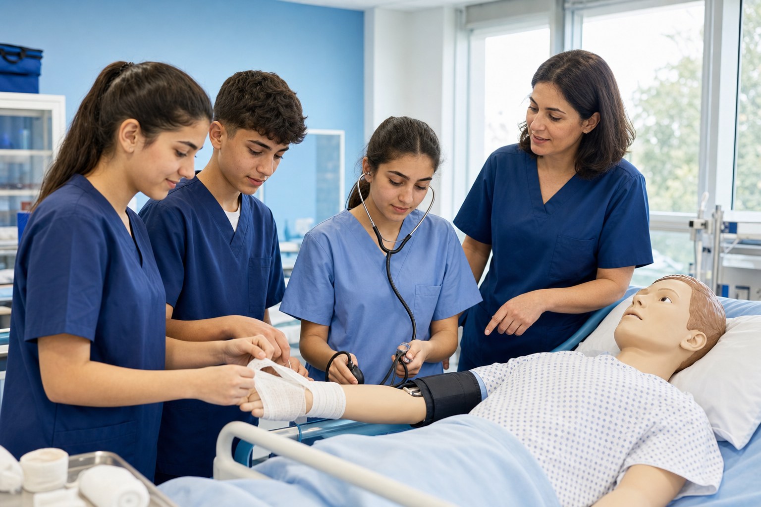 Teen nursing students practice clinical skills on a training mannequin
