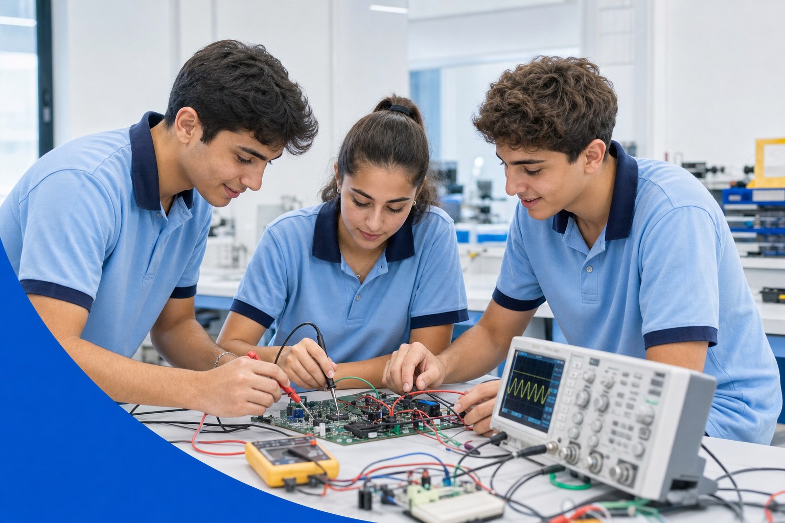 Three older teens test electronics together in a bright laboratory