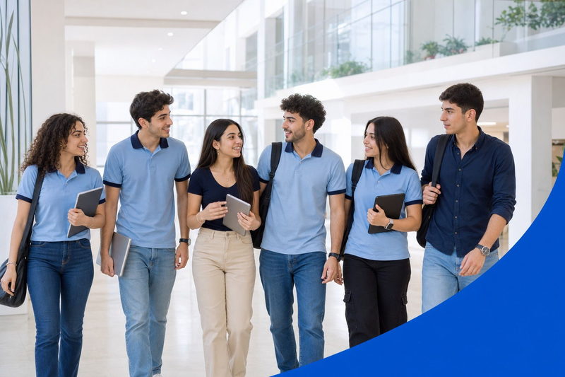 Six vocational students walk together through a bright college atrium