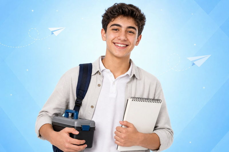 Smiling young teen holds a toolbox and sketchpad with a backpack
