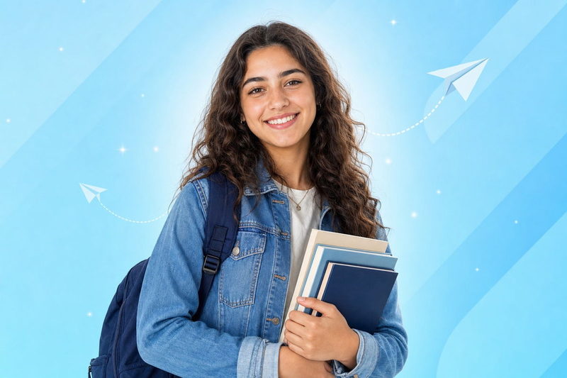 Smiling older teen in a denim jacket holds books with a backpack