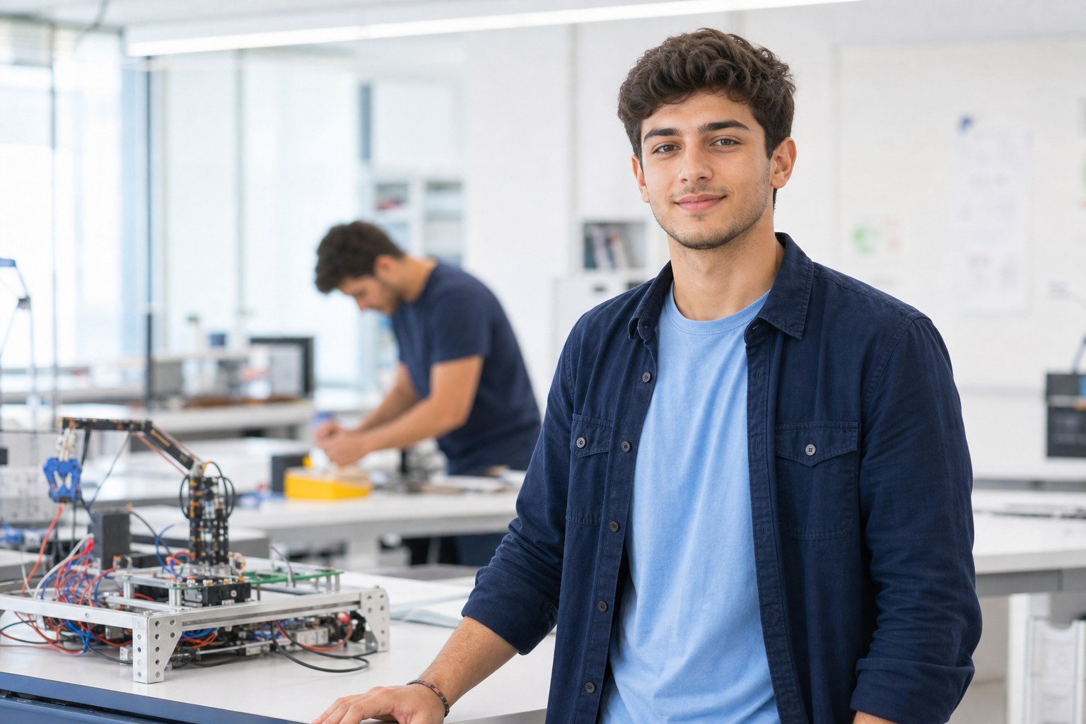 Confident young adult stands beside a robotics project in laboratory