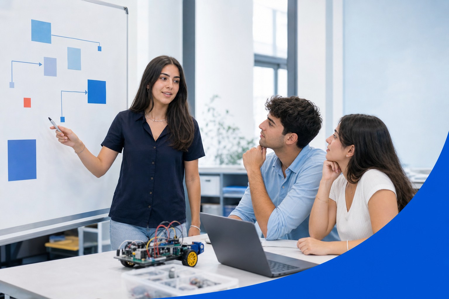 Young woman leads peers through an engineering project planning session