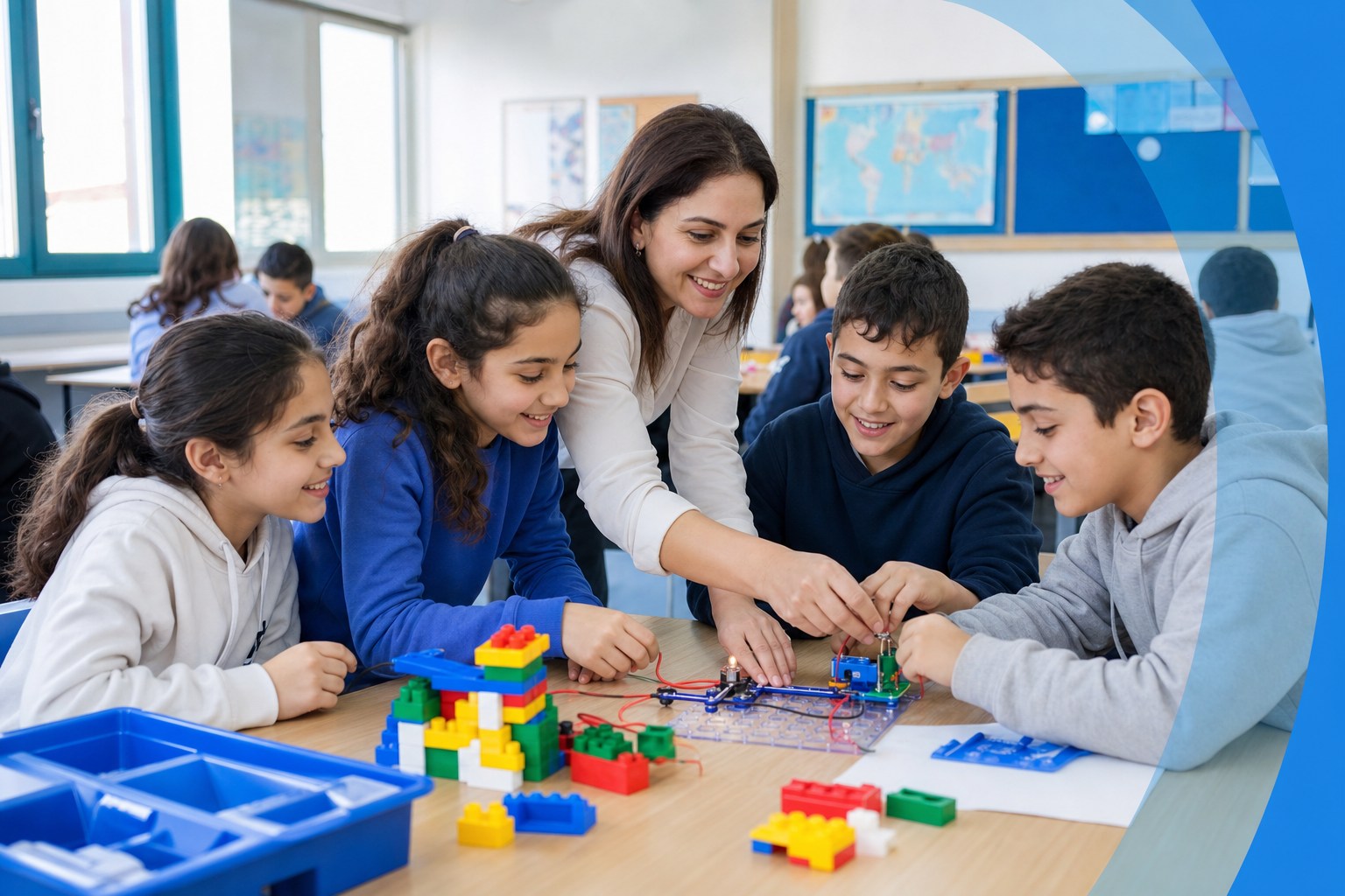 Grade 5 students collaborate on a classroom building and electronics activity
