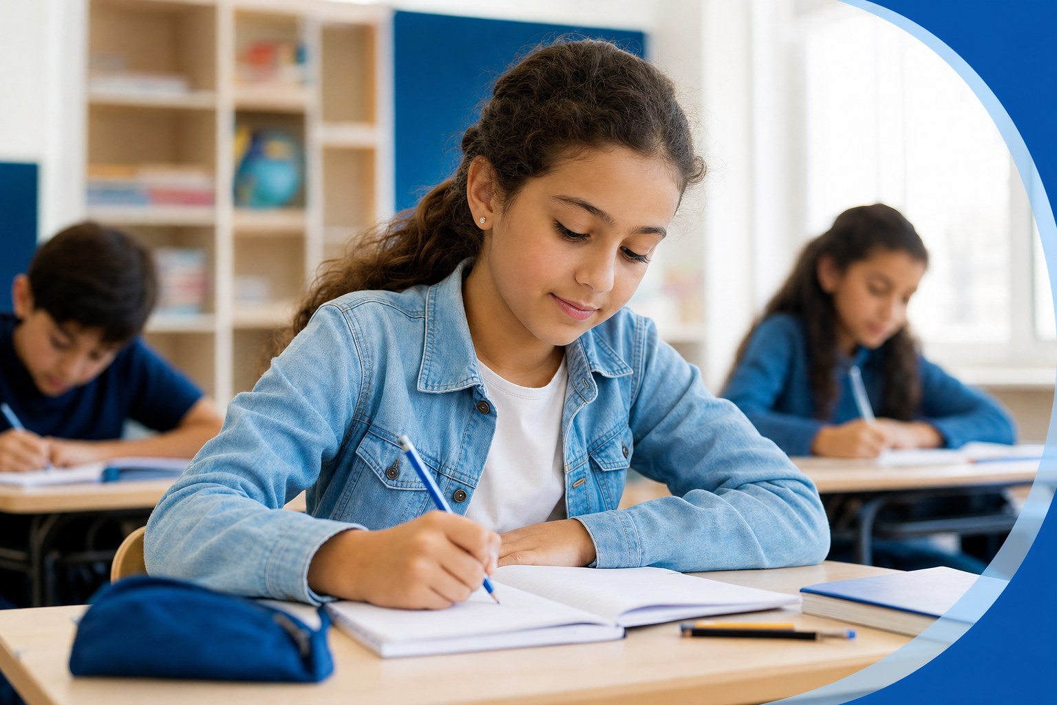 Grade 5 student writes in a notebook at her classroom desk