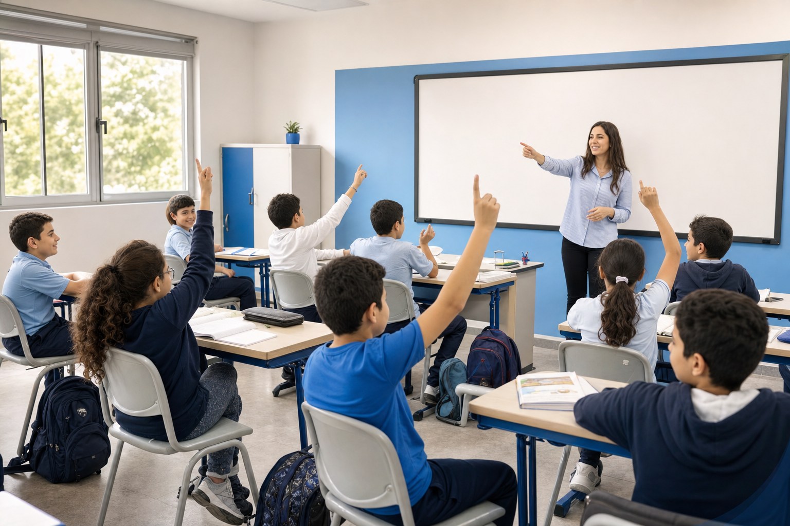 Grade 5 students raise their hands during a classroom lesson