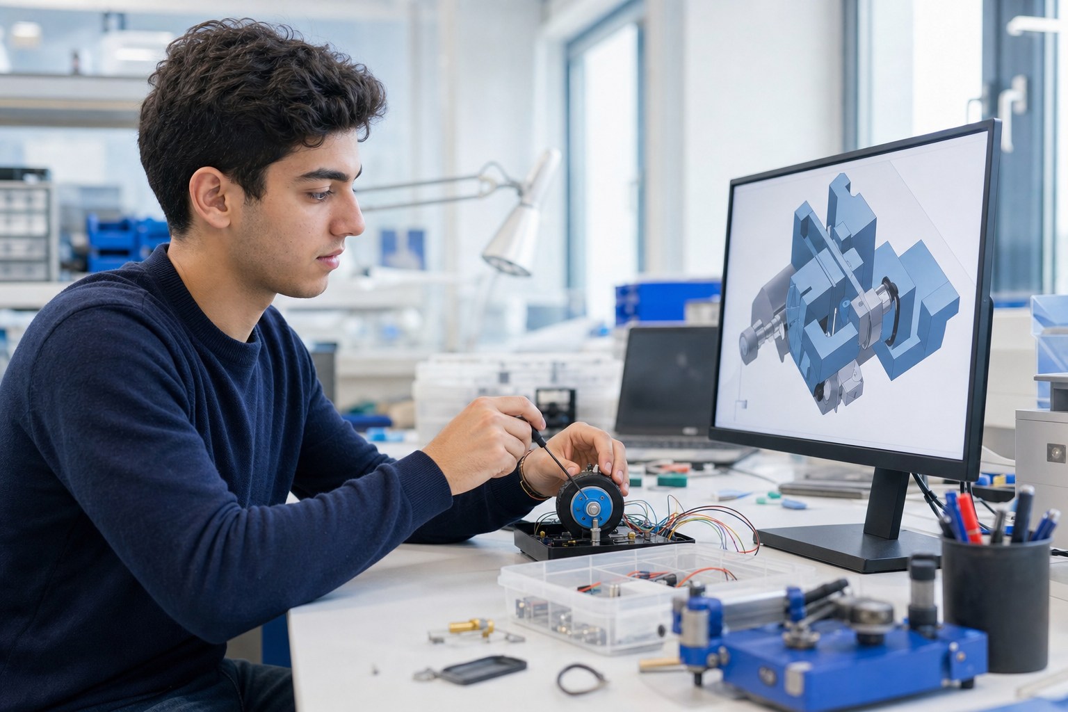 Young adult develops a mechanical prototype at an engineering workstation