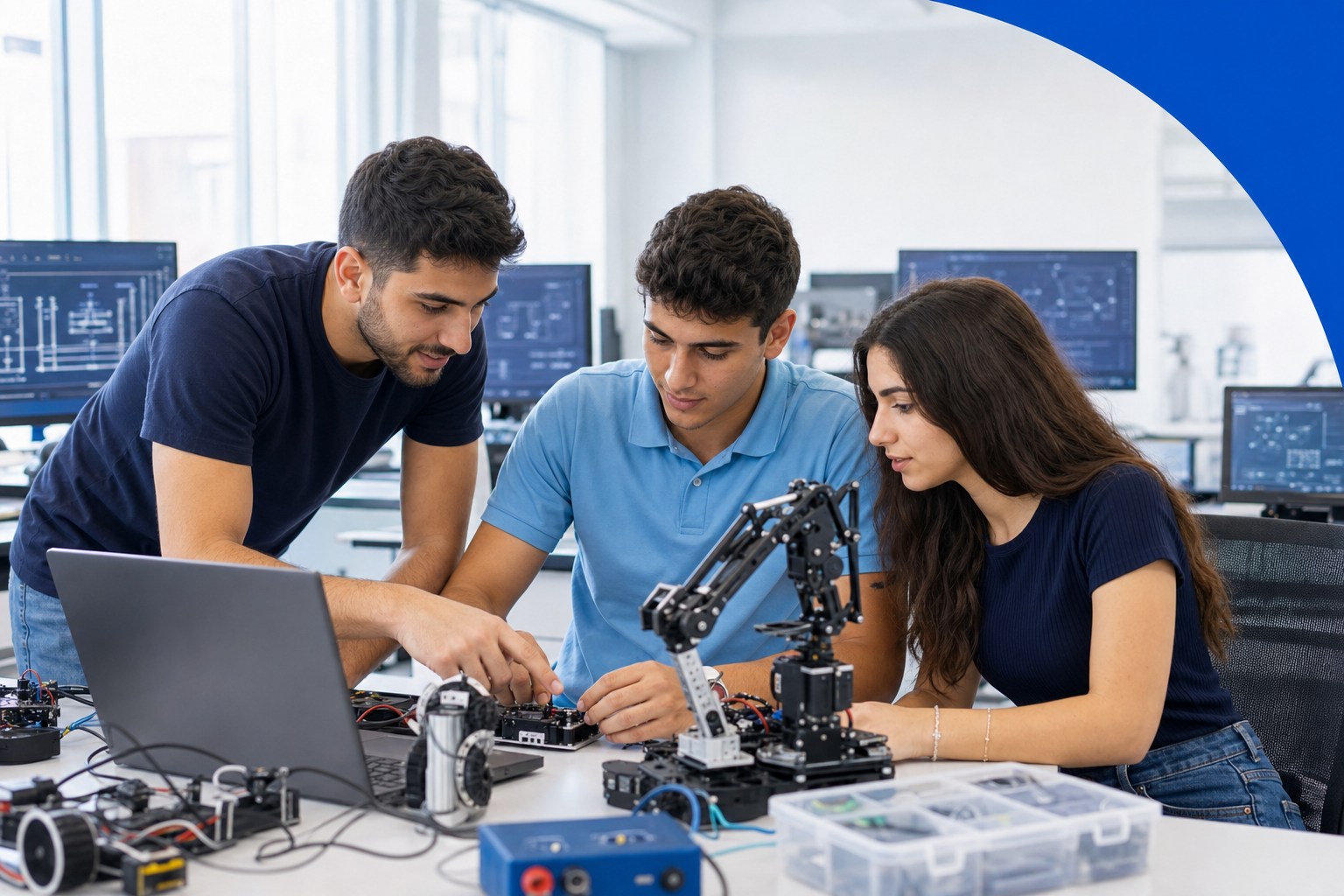 Three young adults collaborate on robotics in an engineering laboratory