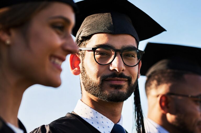 Man in graduation cap and glasses with fellow graduates visible