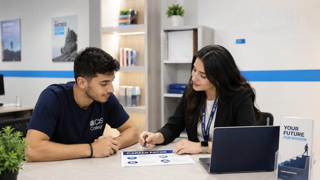 Student and female advisor discuss career development document at an office desk