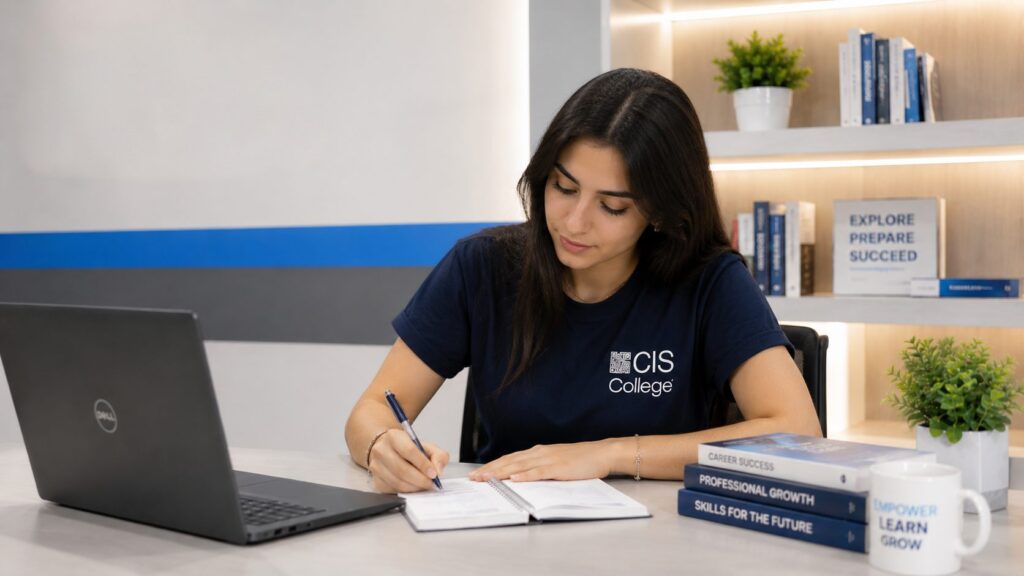 Female student studies with laptop and stack of books at a desk